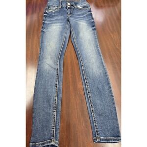 Womens Skinny Jeans Size 3 Medium Wash Stretch Denim  Double Button Distressed